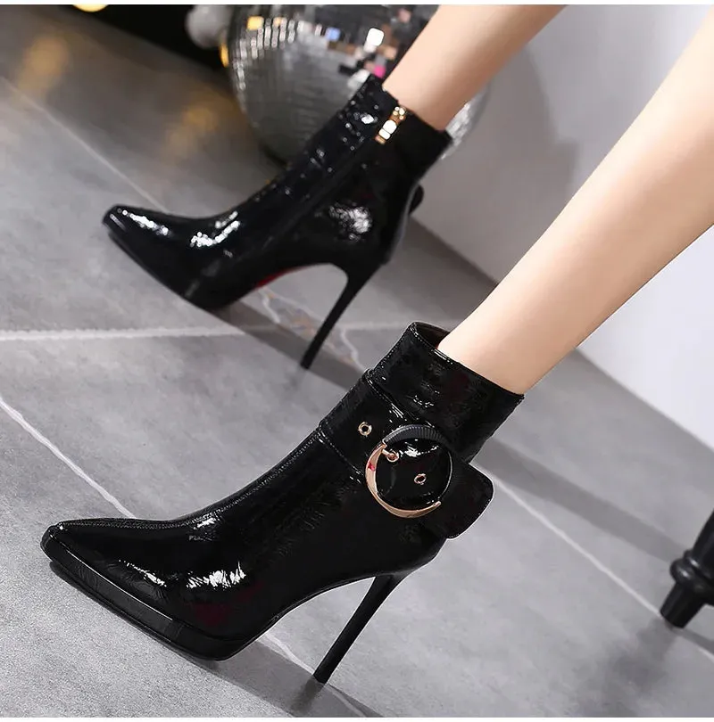 Women Ankle Boots Runway Style Sexy Belt Buckle Side Zip High Heels Patent Leather Party Dress Ladies Shoes