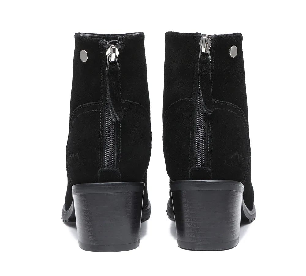 Women Black Leather Zipper Ankle Heel Boots Galena