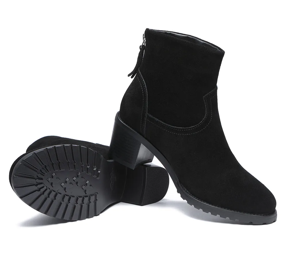 Women Black Leather Zipper Ankle Heel Boots Galena