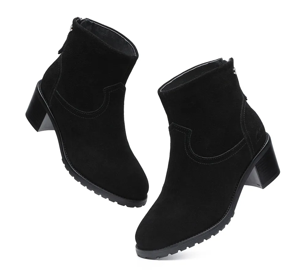 Women Black Leather Zipper Ankle Heel Boots Galena