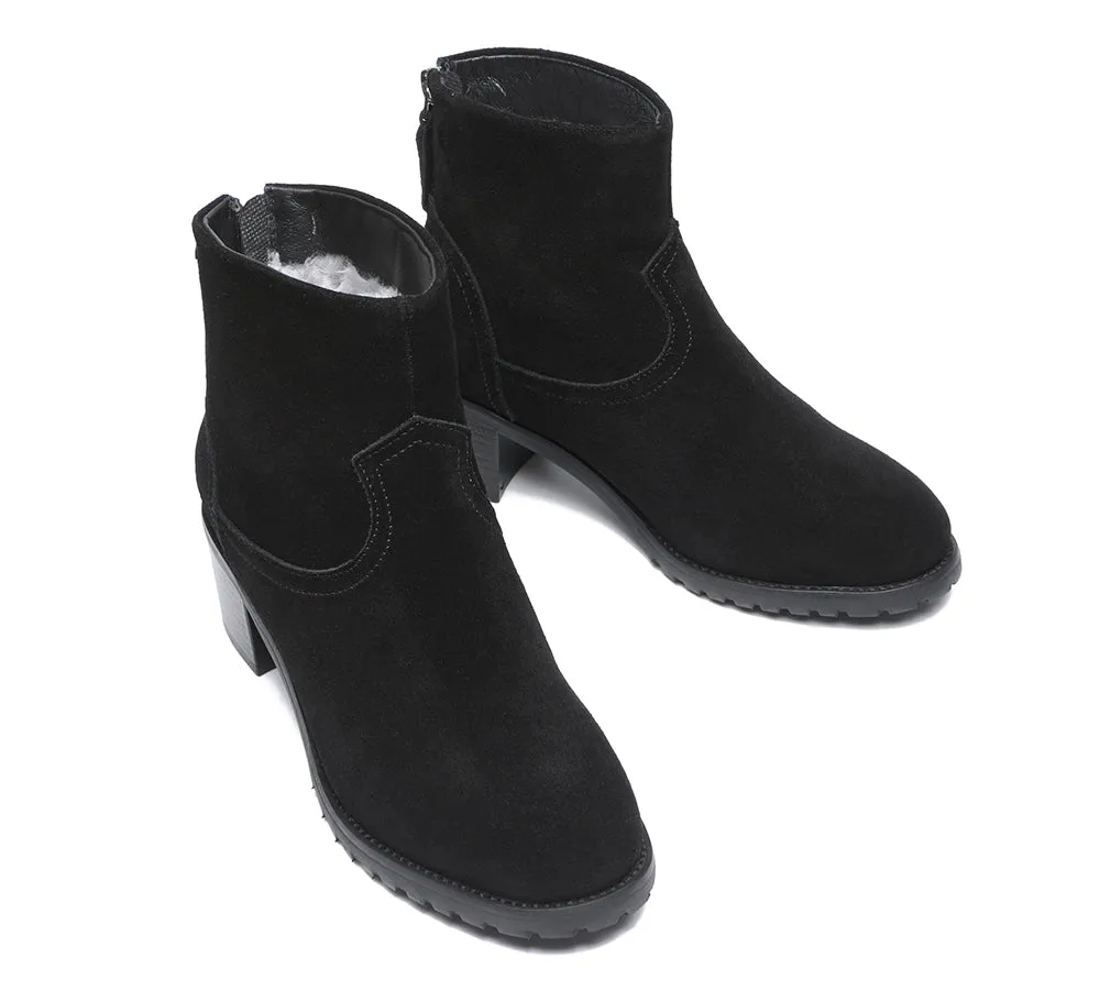 Women Black Leather Zipper Ankle Heel Boots Galena
