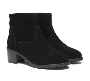Women Black Leather Zipper Ankle Heel Boots Galena