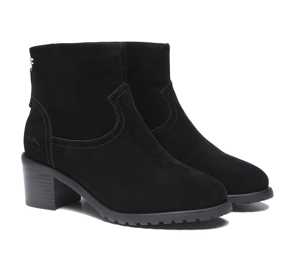 Women Black Leather Zipper Ankle Heel Boots Galena