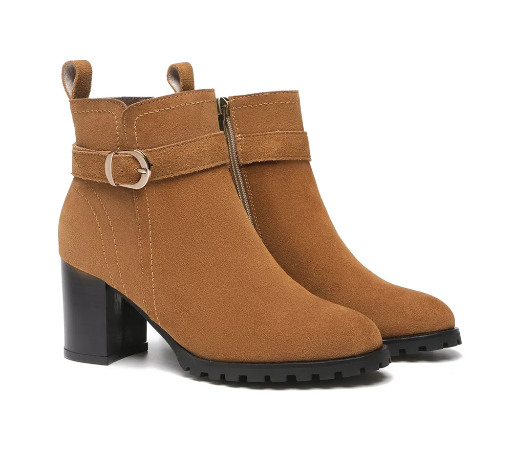 Women Heels Suede Leather Zipper Ankle Block Heel Boots Vica