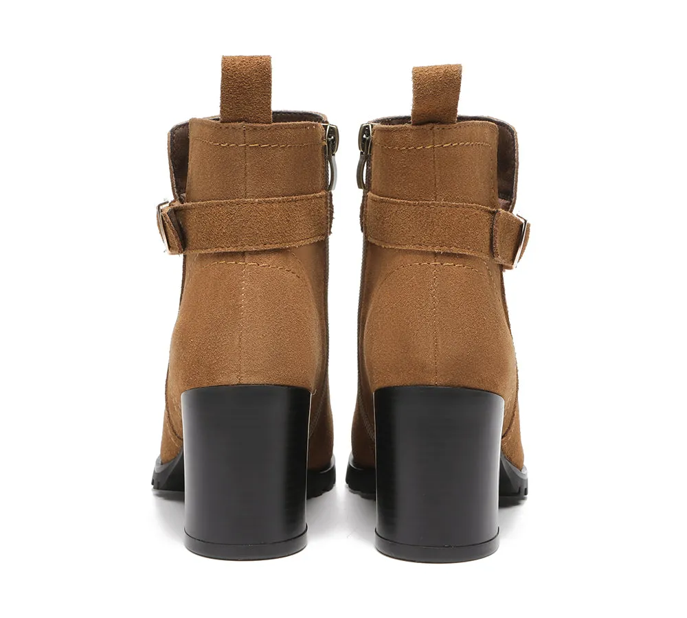 Women Heels Suede Leather Zipper Ankle Block Heel Boots Vica